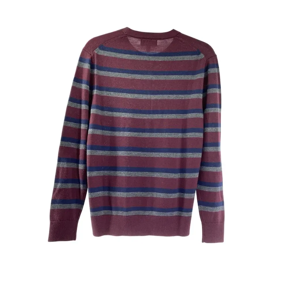 Banana Republic 100% Merino Wool Sweater Maroon Blue Gray Striped Small Men’s